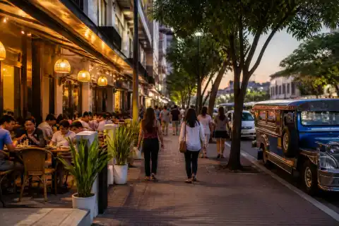 Evening scene on Lacson Street with diners, pedestrians and a jeepney