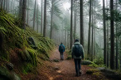 Pine forest walking trail at Camp John Hay with two hikers