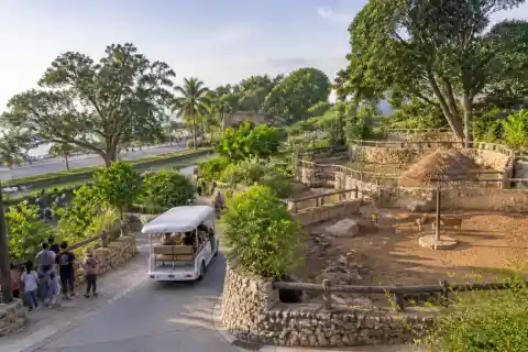 Visitors walking through the outdoor grounds of Baluarte Resort and Mini Zoo in Vigan