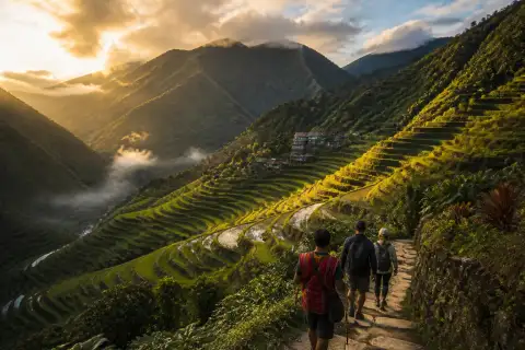 Banaue rice terraces amphitheater with village and a guide leading visitors on a path