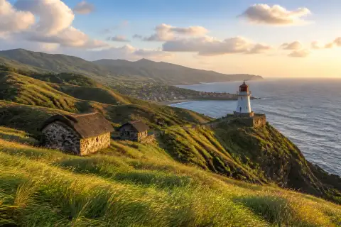Naidi Hills and Basco Lighthouse with rolling grass and ocean at sunset