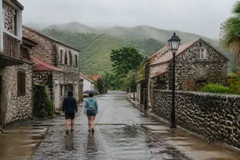 Basco street with Ivatan stone houses and misty hills in light rain