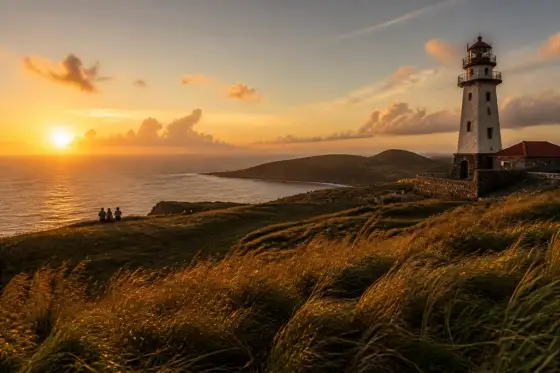 Basco Lighthouse on Naidi Hills at sunset with rolling grass and western sea