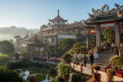 Hillside Chinese-Filipino temple courtyard with dragon gate and terraced gardens at Bell Church, La Trinidad