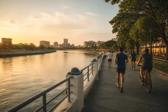 Iloilo River Esplanade at golden hour with river reflections and joggers