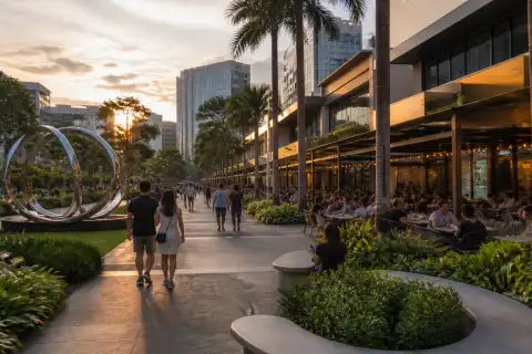 Bonifacio High Street pedestrian boulevard with shoppers and outdoor dining