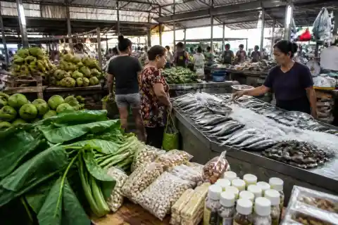 Morning activity at Legazpi City Public Market with vendors selling seafood, produce and pili products