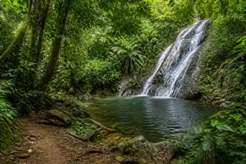 Modest forest waterfall and natural pool at Bigaho Falls, Port Barton