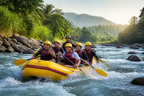 Group whitewater rafters on a tropical river near Cagayan de Oro