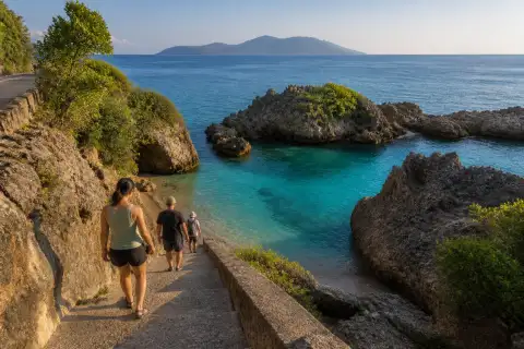 Rock‑framed Cancua‑ay cove with staircase down to turquoise water, Oslob