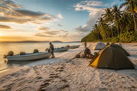 Beach campsite with tents and small expedition boats on Canibungan Island, Balabac
