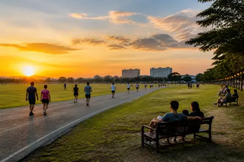 Sunset at Clark Parade Grounds with people walking on the track