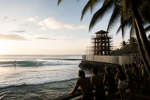 Spectators on the Cloud 9 boardwalk watching surfers on the reef at sunrise