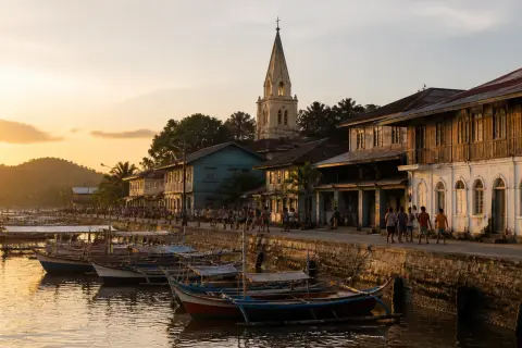 Culion Poblacion waterfront with small boats and La Immaculada Concepcion Church