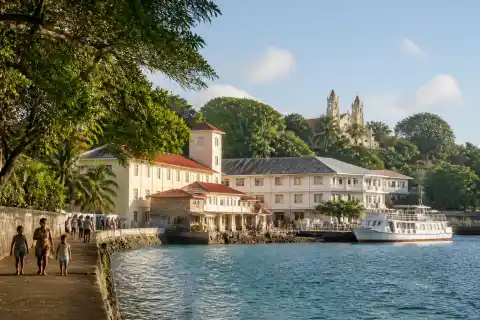 Culion waterfront with hospital compound, museum and passenger ferry at the port