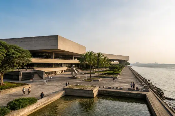 Exterior of the Cultural Center of the Philippines complex and waterfront plaza in Pasay