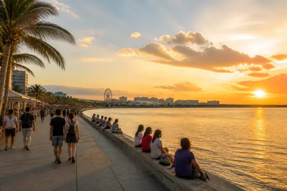 Mall of Asia waterfront and Pasay skyline at sunset