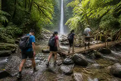 Hikers crossing a shallow river on the trail to Ditumabo Mother Falls with forest and waterfall ahead