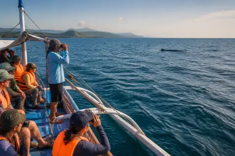 Banca and crew searching the bay near Donsol with a whale shark visible at the surface
