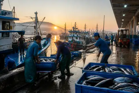 Dawn tuna unloading at General Santos fish port with workers and boats