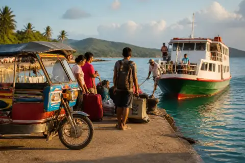 Tricycle at Jordan Wharf with passenger ferry approaching
