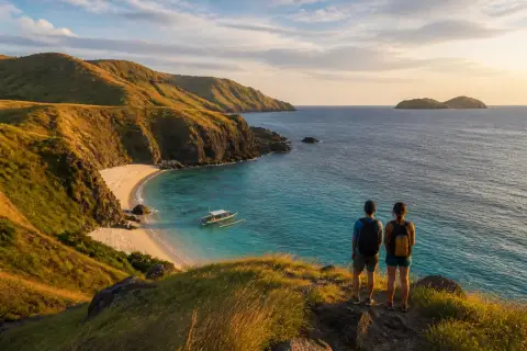 Rugged Pacific cliffs and a secluded cove on Luzon with a small outrigger and hikers on a viewpoint