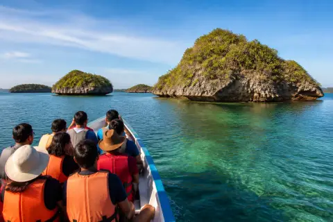 Tour boat approaching limestone islets at Hundred Islands National Park, Alaminos