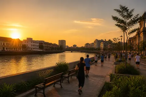 Sunset along the Iloilo River Esplanade with people walking