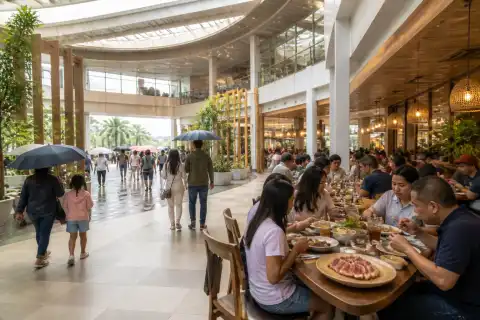 Interior of a General Santos shopping mall with diners and shoppers sheltering from rain