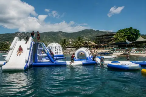 Floating inflatable obstacle course and beach-club at Inflatable Island Subic