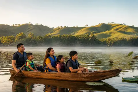 Family in a small boat on misty Lake Sebu at sunrise