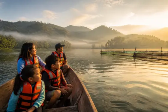 Family in a small boat on Lake Sebu at sunrise with fish cages