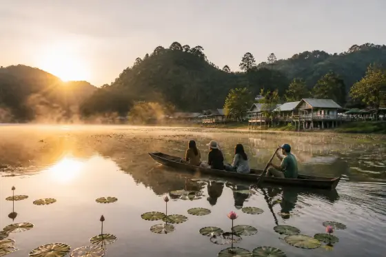 Sunrise boat among lotus pads on Lake Sebu with misty forested hills
