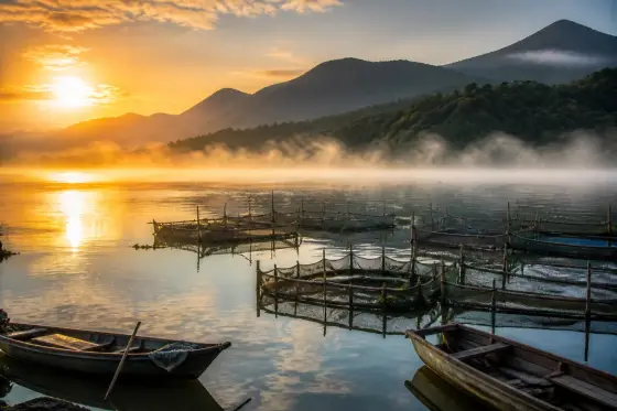 Dawn over Lake Seloton with fish pens and misty hills