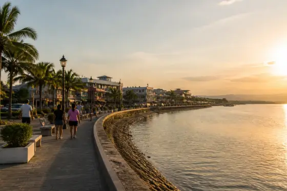 People strolling on Lingayen Baywalk with the Gulf and sunset in the background
