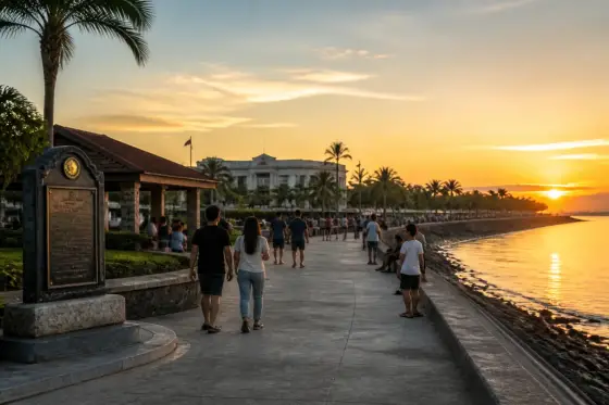 Baywalk and wide shoreline at Lingayen Beach with people walking at sunset
