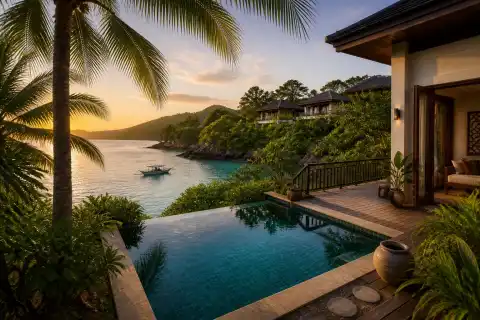 Private plunge-pool villa overlooking a turquoise Visayas bay