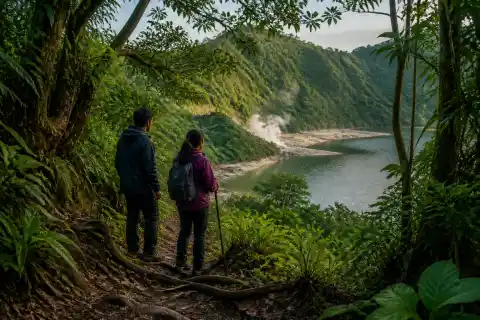 Shaded forest trail and lake at Mahagnao Volcano Natural Park with hikers