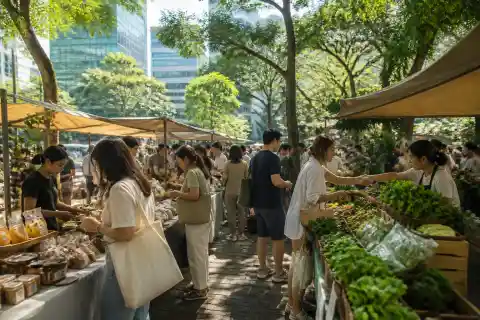 Shaded market stalls and shoppers at a Makati weekend market