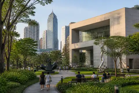 Ayala Museum building beside Greenbelt park with pedestrians and public art