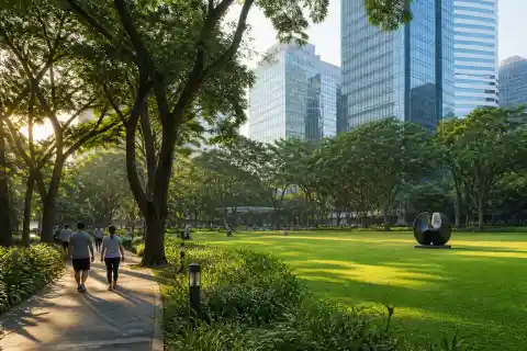 Ayala Triangle Gardens lawn and trees with office towers in the background