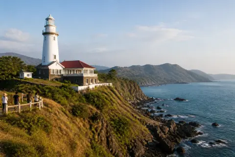 Malabrigo Lighthouse and keeper's building above a rocky Batangas shoreline