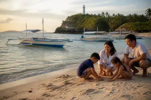 Family on Malapascua sandy beach with boats and distant lighthouse at sunset