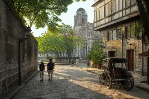 Sunlit Intramuros street with colonial walls and pedestrians
