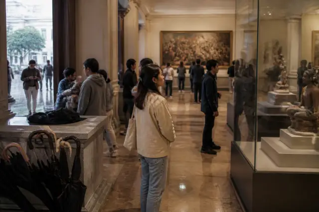 Visitors in a Manila museum gallery with umbrellas stored near the entrance