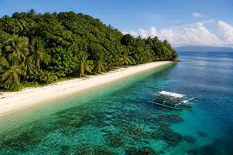 Mantigue Island white-sand beach with forested interior and anchored outrigger