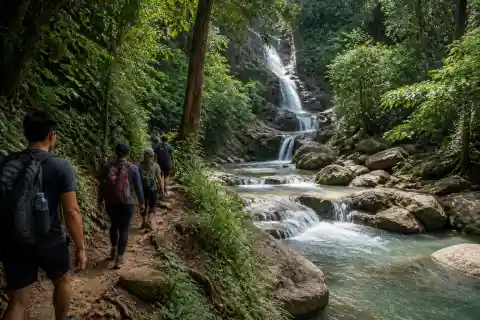 Hikers on a forest trail approaching a waterfall at Mapawa Nature Park