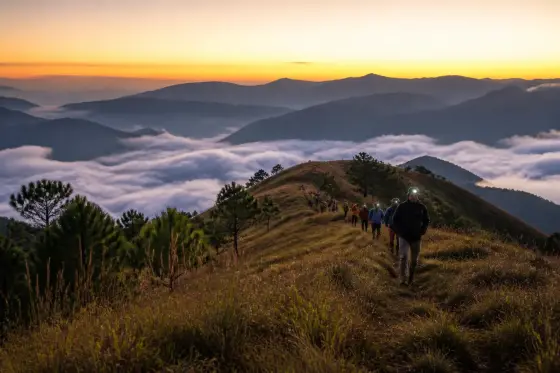 Hikers on Marlboro Hills sunrise ridge above layered Cordillera mountains
