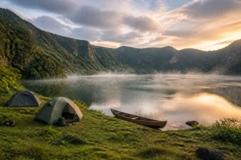Dawn over a highland crater lake with tents on the shore and misty tropical ridges