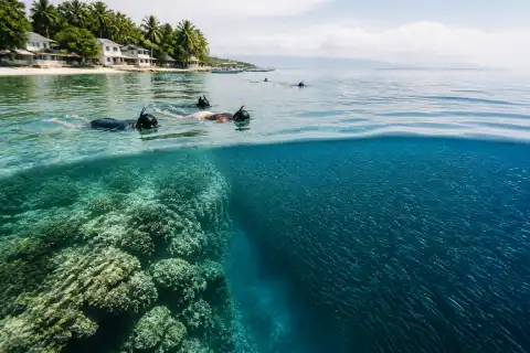 Snorkelers near the reef drop-off with a dense sardine school off Panagsama, Moalboal